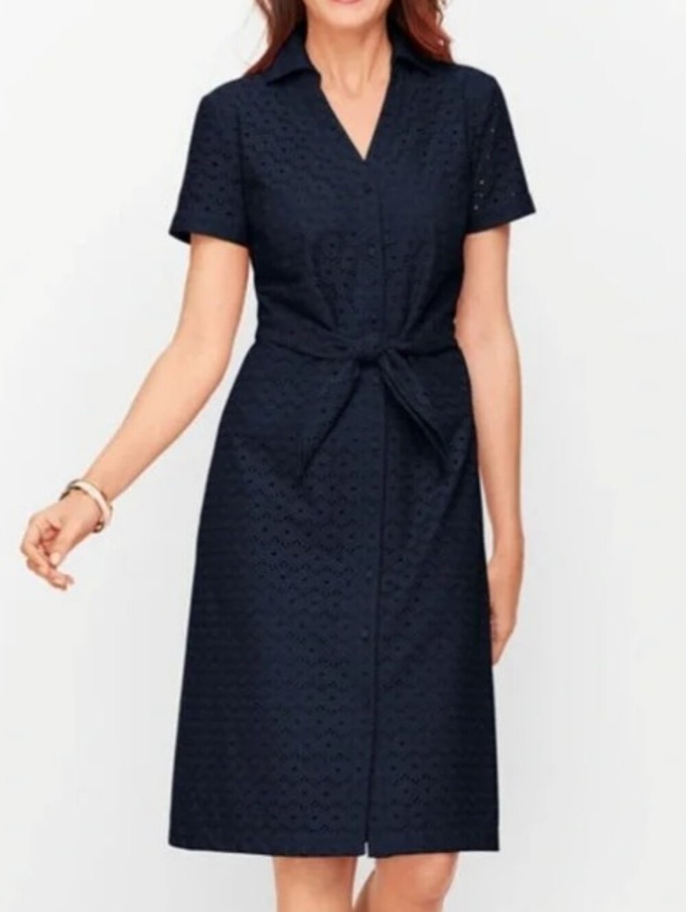 Talbots Eyelet Tie-Front Shirtdress Size 10 Navy EUC - Picture 7 of 9